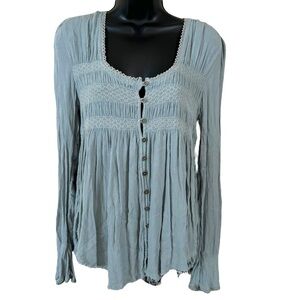 Free People Blue Bird Smocked Top Blouse Raw hems